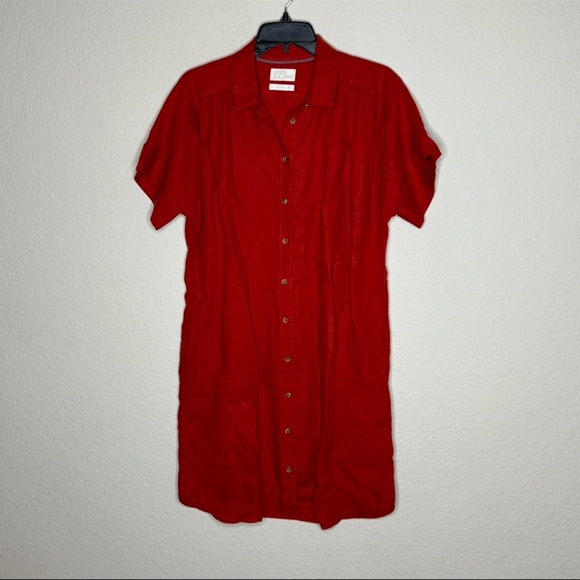 J. Crew Relaxed-Fit Linen Shirt Dress Size Small Orange Red Pockets Button Down - Picture 2 of 5